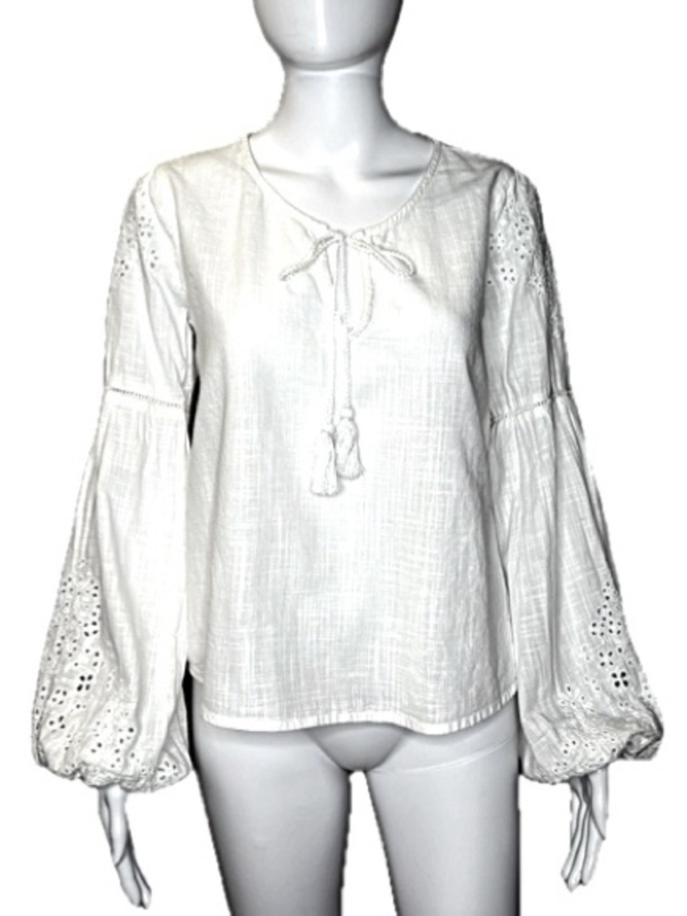 Abercrombie & Fitch White Embroidered Eyelet Peasant Top Size Small Tassel Ties